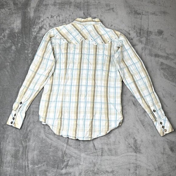 ARIAT Womens SZ Small Fitted Tan Blue Cream Plaid Embroidered Studded Snap Shirt - Picture 8 of 8